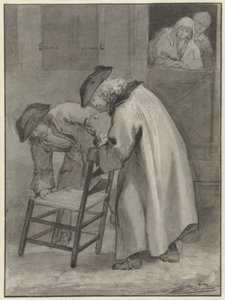 Két kalapos férfi néz egy gyékényszékre alkotó: Jacob de Wit