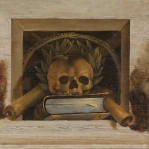 Vanitas Csendélet koponyával babérkoszorúval, könyvvel és két égő gyertyával