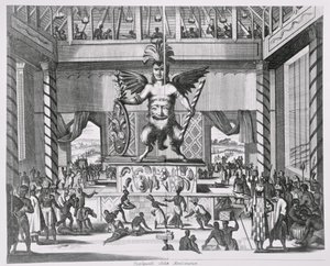 Huitzilopochtli mexikói isten, "Montanus, az új és ismeretlen világ" című művéből, 1671
