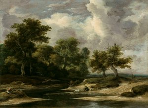 Egy erdős folyótájkép egy utazóval és kutyával alkotó: Jacob van Ruisdael
