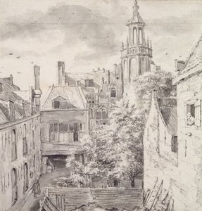 Kilátás a St. Sebastian Guild íjászok házának udvarára a Singelen Amszterdamban (ceruza és mosás papíron) alkotó: Jacob van Ruisdael