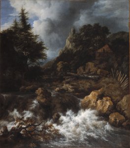Vízesés egy faházzal és kastéllyal alkotó: Jacob van Ruisdael