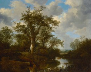 Erdővel borított táj patakon átkelő szarvasmarhákkal alkotó: Jacob van Ruisdael