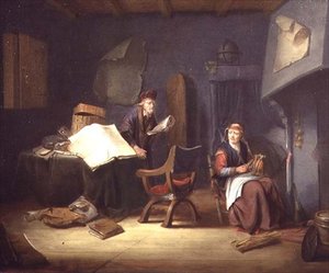 Belső egy tudós és egy idős hölgy forog (panel) alkotó: Jacob van Spreeuwen