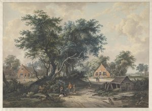 Hobbema nyomán. Parasztházak magas fák mellett alkotó: Jacob van Strij