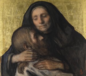 Pietà (guache papíron, aranylevéllel)