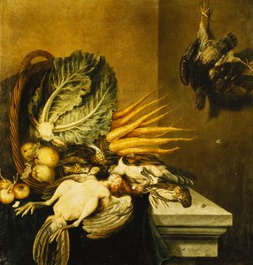Felborított kosár tyúkból, fehérrépából, almából, hagymából és káposztából zöld ruhával leterített párkányon, alkotó: Jacobus Biltius