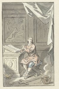 Ülő ember ölbe tett kézzel, a Biblia mögött