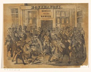 Tömeg egy könyvesbolt előtt, hogy megszerezze De Komieket alkotó: Jacobus Wilhelmus Adrianus Hilverdink (possibly)