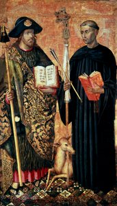 Compostelai Szent Jakab képviselteti magát pelerinben a bottal, kalappal és kagylóval. és Szent Gilles, a remete (7. század), 1450 körül (tempera és olaj, tábla) alkotó: Jacomart (c.1413 61) Baco