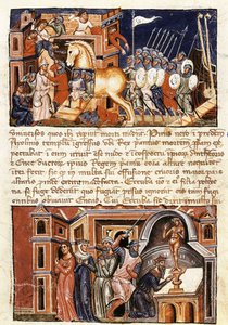 Trója város ostroma és támadása, miniatűr Guido delle Colone "Historia Destructionis Troiae" című művéből (1210 körül – 1287 körül) alkotó: Jacome Cromberger
