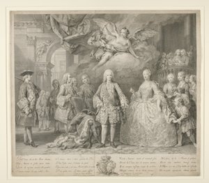 VI. Ferdinánd és királynője, Braganzai Mária Barbara Scarlattival és a híres olasz kasztrált Farinellivel alkotó: Jacopo (after) Amigoni