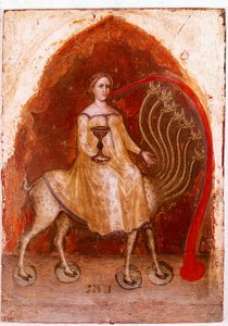 A Jelenések Poliptichonjának bal oldali panele: a bétának hét feje van, és a rajta ülő Nő gazdag prostituált. Detrempe fán Jacobello Alberegno (1367-1397 kb.) 1360-1390. Gallerie dell