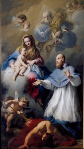 Szűz és gyermek Saint Francois-de-Sales-szel (1567-1622), a Genf-i Szentháromság ábrázolása Jézus Krisztussal, Istennel és a Szentlélek galambjával. Jacopo Amigoni (1675-1752) festménye 1743 Velence, Santa Maria della Fava templom alkotó: Jacopo Amigoni