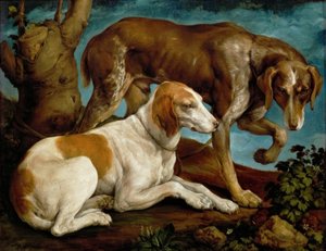 Két vadászkutya egy fatönkhöz kötve alkotó: Jacopo Bassano