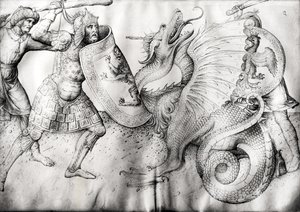 Harcosok és egy sárkány csatája, 1450 körül (tinta pergamenre) alkotó: Jacopo Bellini