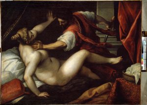 Tarquin és Lucretia (Tarquinius és Lucretia). Sextus Tarquinius megerőszakolja Lucretiust, ez az esemény a monarchia bukásához és a köztársaság kezdetéhez vezetett volna az ókori Rómában, ie 509-ben. Jacopo Palma il Giovane festménye (A fiatalok alkotó: Jacopo Il Giovane Palma