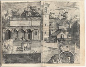 Kilátás a kvadránsra: a főkapu, a tér, a templom és a Monte della Vernia kolostor loggiája. idén MD alkotó: Jacopo Ligozzi