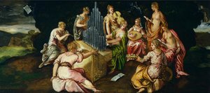 Múzsák és Pierides verseny, Jacopo Robusti, Tintoretto (1519-1594), olajtábla, 46x91 cm