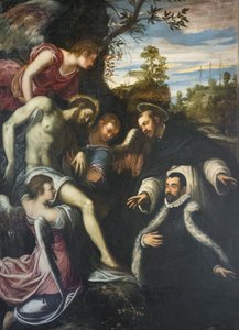 Három angyal, Szent Domonkos és az adományozó által támogatott halott Krisztus. alkotó: Jacopo Robusti Tintoretto