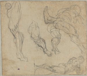 Figurák és lábak, 1575-80 (fekete kréta fektetett papíron) alkotó: Jacopo Robusti Tintoretto