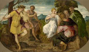A zenei verseny Apollo és Marsyas között, 1545 körül. alkotó: Jacopo Robusti Tintoretto