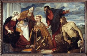 A Szűzanya és a Gyermek Szent Katalinnal, Szent Ágostonnal, Szent Márkkal, Keresztelő Szent Jánossal Jacopo Robusti festménye dit Il Tontoretto (a Tintoret) 1549 V. 1,93x3,14 m Lyon, Musee des Beaux Arts alkotó: Jacopo Robusti Tintoretto