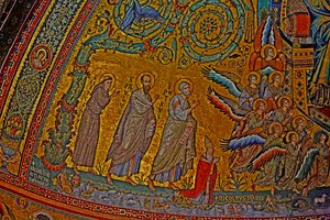 Szent Ferenc, Szent Pál, Szent Péter, IV. Miklós pápa és a Szűzanya koronázásán részt vevő angyalok, apszis, 1290 körüli mozaik alkotó: Jacopo Torriti