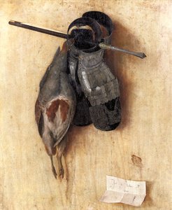 Német: Döglött fogoly vaskesztyűvel és nyílpuskacsavarokkal Csendélet fogollyal és vaskesztyűvel alkotó: Jacopo de