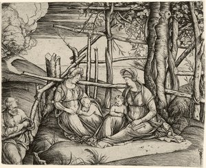 A Szent Család Szent Erzsébettel és a csecsemő Szent Jánossal, 1499-1501 körül. alkotó: Jacopo de Barbari