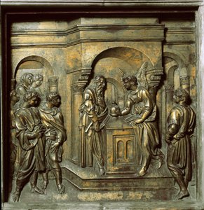 Az angyal megjelenik Zakariásnak (bronz csempe keresztelőkútról, 1427 körül)