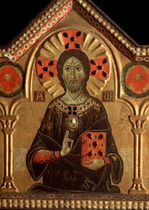 Poliptichon Megváltóval és szentekkel: Részlet Jézusról, akinek aureoláját kereszt jelzi - olaj a 1271-es táblán