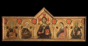 Poliptichon Megváltóval és szentekkel: a Megváltó (Jézus a Szűzzel, Szent Péter, Szent János evangélista és Szent Pál) - olajtábla