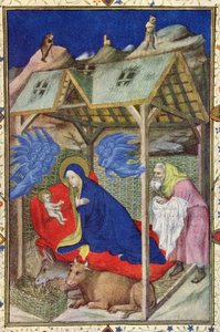 MS 11060-11061 Notre Dame órái: Prime, Krisztus születése, a Tres Riches Heures du Duc de Berry-ből, 15. század eleji pergamen részlet a 67618-ból