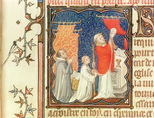 Ms Lat 18014 Jean de France (1340-1416) Berry hercege imádkozik a sereg felemelkedése előtt, a Les Petites Heures de Duc de Berry-ből, 1385-90 körül