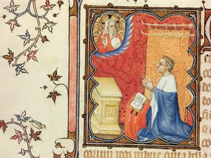 Ms Lat 18014 Jean de France (1340-1416) Berry hercege imádkozik az örök atya előtt, Les Petites Heures de Duc de Berry, 1385-90 körül