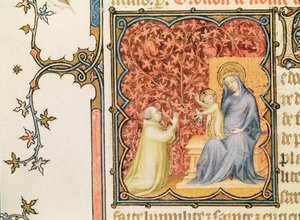 Ms Lat 18014 Jean de France (1340-1416) Berry hercege imádkozik a Szűzanya és a gyermek előtt, a Les Petites Heures de Duc de Berry-ból, 1385-90 körül.