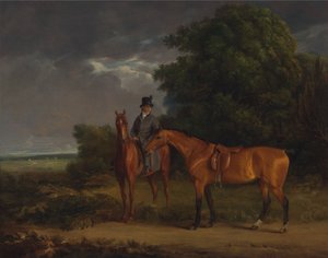 Egy gesztenyevadászra ülő vőlegény, aki egy Bay Huntert tart a gyeplőjénél alkotó: Jacques-Laurent Agasse