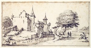 Kastély felvonóhíddal (toll és barna tinta papíron) alkotó: Jacques Callot