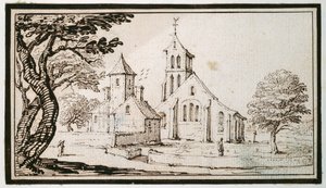 Egy templom Lotaringiában és egy szomszédos épület (toll és barna tinta papíron) alkotó: Jacques Callot