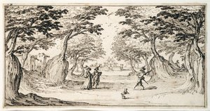 Egy finom hölgy és úriember táncol az erdőben lantra, egy kastély a távolban (toll és barna tinta a papíron) alkotó: Jacques Callot