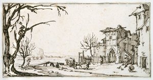 Egy falu középkori kapujához szénát hoznak, egy ágat levágott férfi egy Israel Silvestre albumából, 1630 körül (toll és tinta papíron) alkotó: Jacques Callot