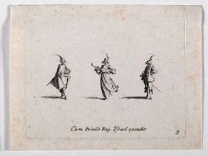 Egy muzsikáló hölgy és két lovász, a ... (metszet) alkotó: Jacques Callot