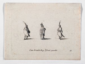 Egy hölgy hosszú kabátban és két lovaslovag, ... (metszet) alkotó: Jacques Callot