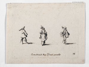 Tollas kalapos hölgy és két lovas, ... (metszet) alkotó: Jacques Callot