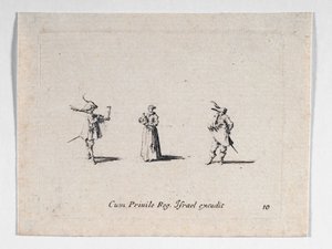Egy hölgy borosüveggel és két lovaslovaggal, ... (metszet) alkotó: Jacques Callot