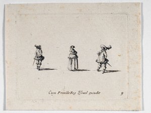 Összekulcsolt karú hölgy és két lovas, ... (metszet) alkotó: Jacques Callot