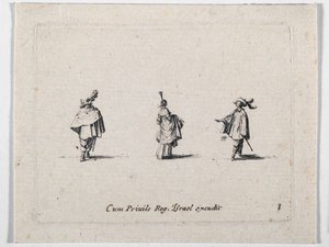Egy hölgy felhajtott szoknyában és két lovas, a Les Fantaisies de Noble J. Callot ... (metszet) alkotó: Jacques Callot