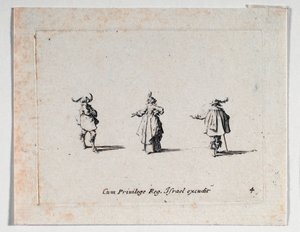 Egy hölgy kinyújtott kézzel és két lovas, a ... (metszet) alkotó: Jacques Callot