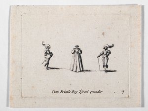 Hátulról nézve egy gazdagon rakott ruhás hölgy és két lovas, Les Fantaisies de Noble J. Callot ... (metszet) alkotó: Jacques Callot